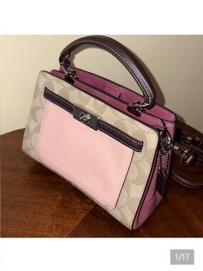 Coach Mini Lane color block mini Bag  monogram, brown/tan Peach & raspberry NWOT